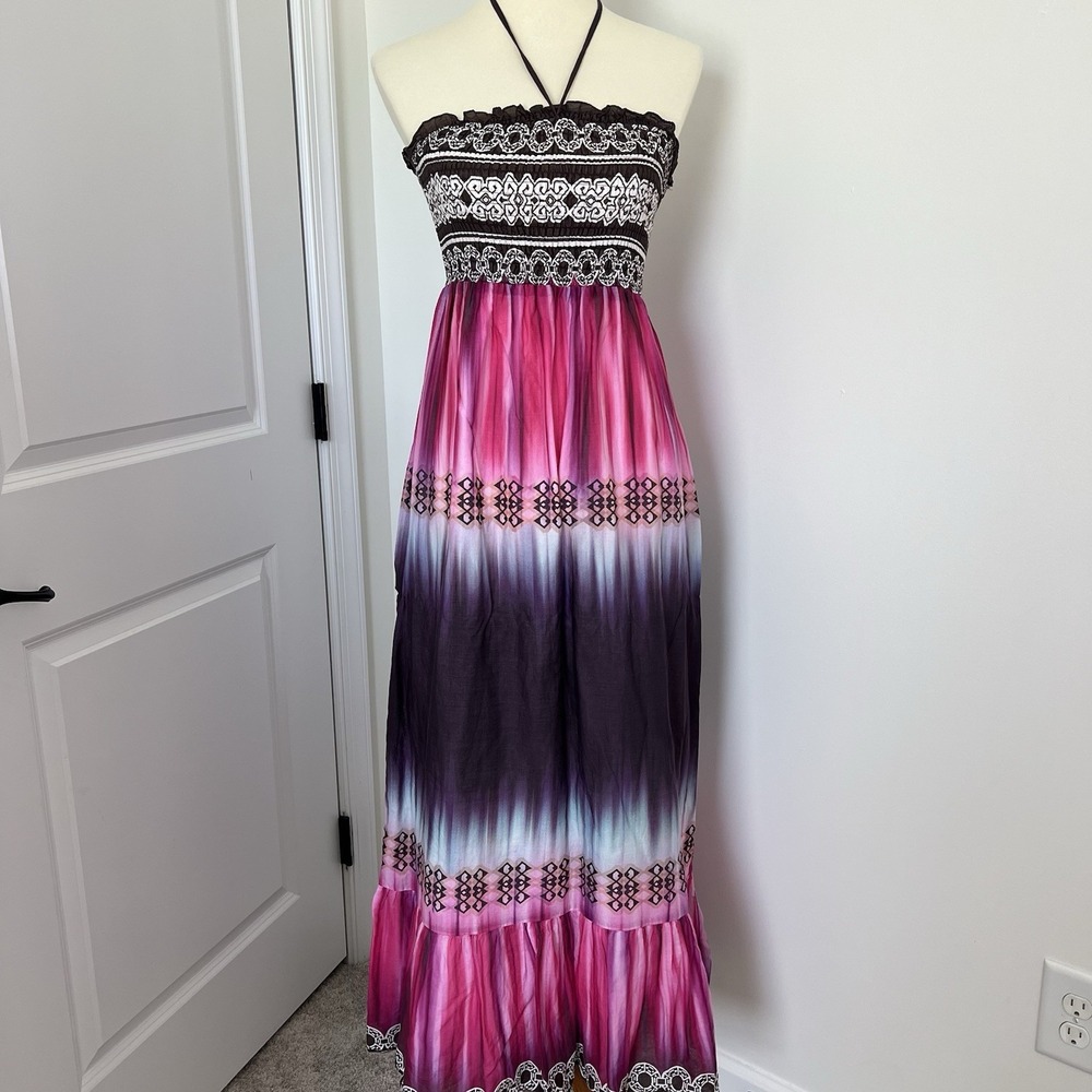 VTG Boston Proper Women's Silk Cotton Maxi Dress Sz 8Tie Dye Beach Summer Halter
